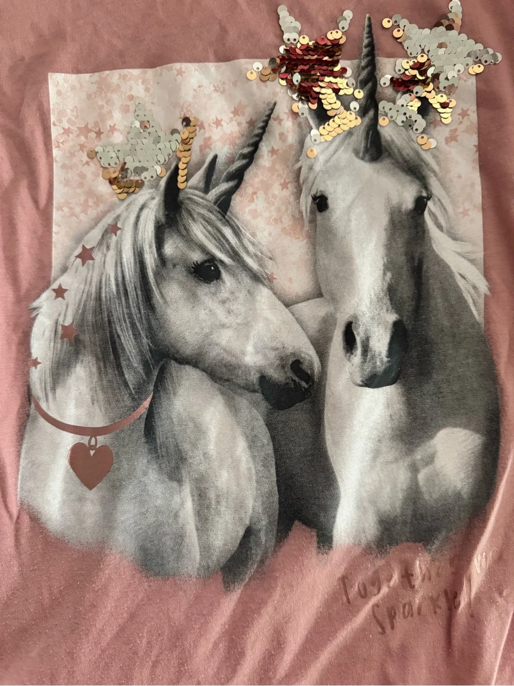 2 Justice Pink Unicorn Tee with Sequin Stars & Members Mark with heart sequins